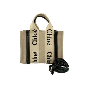 Chloé Chloe Woody Small Tote Bag, Canvas and Leather, 2-Way Handbag/Shoulder Beige Navy, 41692