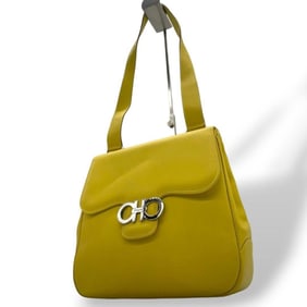 Salvatore Ferragamo handbag, yellow Gancini flap one-shoulder tote bag in leather with silver