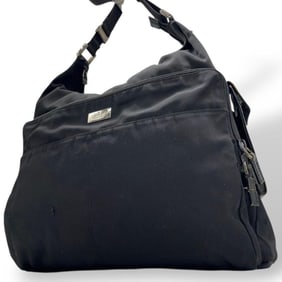 GUCCI Black Hobo Shoulder Bag with Logo Plate, One-Shoulder Tote Bag, Handbag, Nylon and Leather