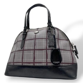 Coach T1 Tote Bag in Check Pattern Leather with Silver Hardware, Logo Plate, and Tag, F32841, Black