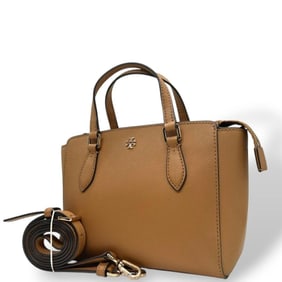 Tory Burch Saffiano Leather Handbag, 2-Way, Shoulder Bag, Tote Crossbody Brown, Gold Hardware, Logo