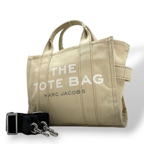 Marc Jacobs Beige The Tote Bag, 2-Way Handbag, Shoulder Crossbody Silver Hardware, Canvas, MARC