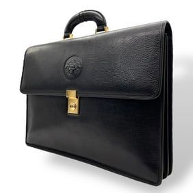 Versace Medusa Leather Briefcase/Business Bag in Black with Gold Hardware, Men's Size E