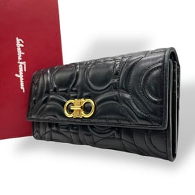 Salvatore Ferragamo Gancini Double Embossed Turnlock Wallet in Black Leather with Gold Hardware,