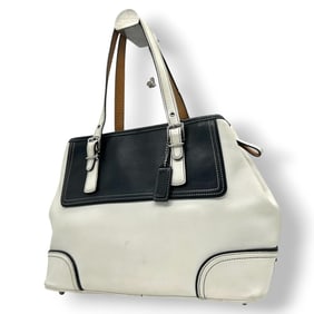 Coach 9605 Leather Tote Bag, White and Black, Two-Tone, One-Shoulder, Women's Handbag with Charm,