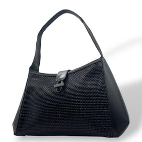BALLY One-Shoulder Handbag Tote in Intrecciato Leather, Black with Logo Plate and Silver Hardware,