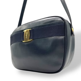 Salvatore Ferragamo Vara Ribbon Shoulder Bag in Navy Leather with Gold Hardware, Women's, Size B3