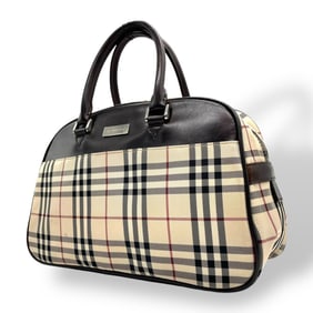 Burberry House Check Nova Boston Bag in Leather and Canvas, Brown Beige with Logo Plate, C7