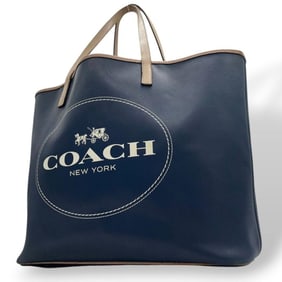 COACH Tote Bag, Navy/Beige, Large Logo, One-Shoulder Leather, Handbag, Silver Hardware, F31315 u12