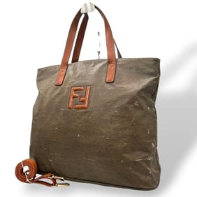 Fendi Tote Bag with FF Logo, 2-Way, One-Shoulder, Canvas and Leather, Brown, Gold Silver Hardware,