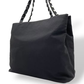 Salvatore Ferragamo nylon and leather chain tote bag in black with silver hardware a logo charm. D4