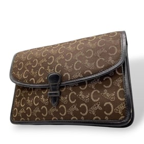 CELINE Clutch Bag, Brown, C Macadam Pattern, Flap, Carriage Hardware, Second Canvas and Leather, U15