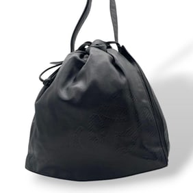 LOEWE Anagram Shoulder Bag, Drawstring, One-Shoulder, Black Leather, Gold Hardware, Logo Plate,