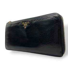 Prada M5 Leather Zip-Around Long Wallet in Black with Gold Hardware and Logo.