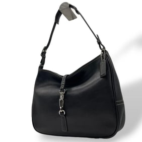 COACH black hobo leather tote bag with silver hardware and logo charm, model 7778 u17.