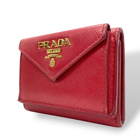 Prada Saffiano Leather Tri-Fold Mini Wallet, Red with Gold Logo, Compact Wallet M5