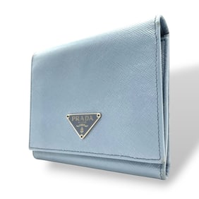 Prada Saffiano Leather Bi-fold Wallet with Triangle Logo, Light Blue, Women's Compact M5