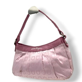 Salvatore Ferragamo handbag, mini bag, and accessory pouch in Gancini jacquard canvas suede, pink,