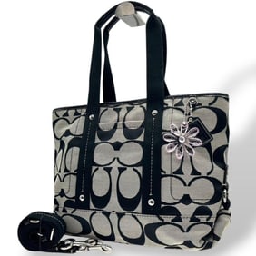 COACH Tote Bag in Black and Gray Signature Canvas Leather, 2-Way, Can be Carried as a Handbag or