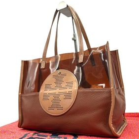 Tory Burch Tote Bag, Clear Leather, Brown, Perforated Logo, Double Tee, S66