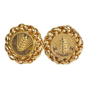 CHANEL Coco Mark Round Wheat and Rice Motif Earrings, Gold Plated, Women's
