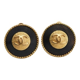 Vintage Chanel Coco Mark Round Earrings, Gold and Black Plated, Women's