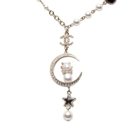 Chanel Coco Mark Moon and Star Motif Necklace, Gold Plated with Rhinestones, Women's