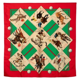 Hermes Hermès Carré 90 "LE MONDE DU POLO" World of Polo scarf, red and multicolored silk, for