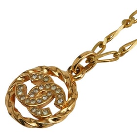 Vintage Chanel Coco Mark Round Circle Necklace with Gold Plated Rhinestones for Women