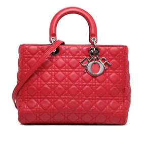 Christian Dior Dior Lady Cannage Large Handbag/Shoulder Bag, 2-Way, Red Leather, Women's