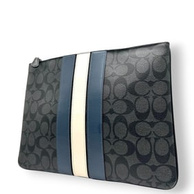 Coach Clutch Bag F25071 Signature Stripe Leather Black and Blue Second Slim Men's Women's U4