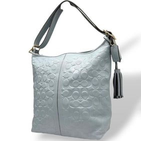 COACH Tote Shoulder Bag, 2-Way, Signature Embossed, Crossbody/One-Shoulder, Gray/Light Blue Leather,