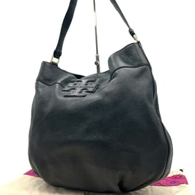 Tory Burch Hobo Bag, One-Shoulder Shoulder Black Leather, Logo Embossed, S26