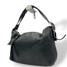 Coach Black Hobo One-Shoulder Leather Handbag with Silver Hardware, Logo Tag, and Charm (F01417 s43)