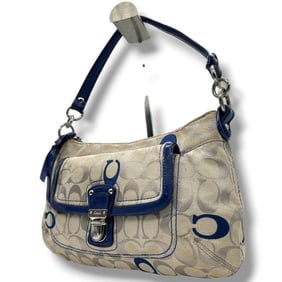 Coach Signature Canvas Handbag with Locking Hardware, One-Shoulder Tote Bag, Leather, White and