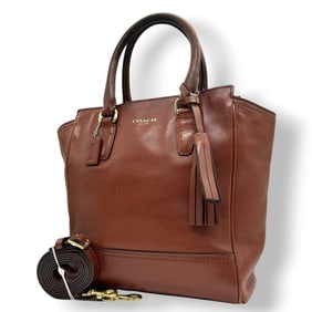 Coach 2-Way Tote Bag, Handbag, Shoulder Brown Leather, Crossbody with Tassel Charm, Women's Mini