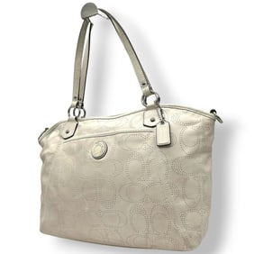 Coach Tote Bag F19688 Perforated Signature Leather White One-Shoulder Women's Handbag s67