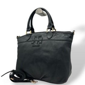 Tory Burch 2-way leather handbag, shoulder bag, tote black, gold hardware, logo plate.