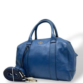 Tory Burch E5 handbag, blue, logo, 2-way, crossbody, leather, shoulder bag, tote dome-shaped, gold