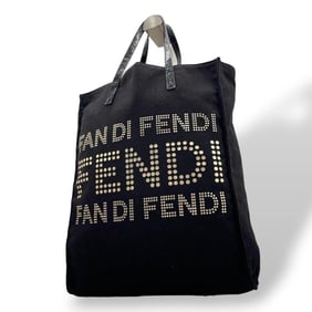 Fendi Tote Bag with Large Logo and Studs, Black Canvas Leather, One-Shoulder Bag, Can Be Carried