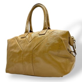 Yves Saint Laurent YSL Boston Bag, Y-Line Patent Leather, Camel, Gold Hardware, Logo Engraving, A2