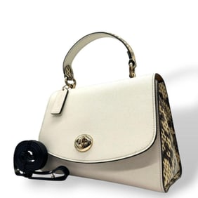 Coach 81789 embossed flap handbag, 2-way shoulder bag with turnlock closure in white, beige, and