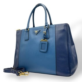 Prada Galleria handbag, tote bag, 2-way shoulder Saffiano leather, triangle logo, blue, gold