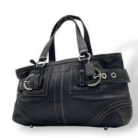 COACH Tote Handbag, Black Leather, One-Shoulder, Silver Hardware, Logo, T2