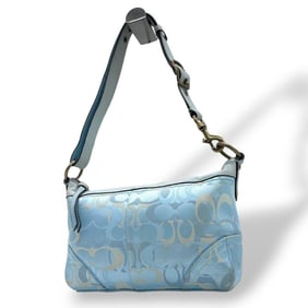 Coach Signature Hobo One-Shoulder Tote Bag in Light Blue, Canvas and Leather with Gold Hardware,