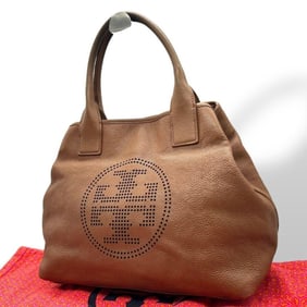 TORY BURCH Tory Burch Tote Bag, Brown, Large Logo, Perforated Leather, One-Shoulder Can Be Carried