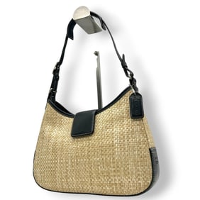 Coach handbag, straw leather, 8159, one-shoulder, beige, black, with charm, women's, s86