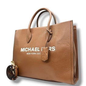 MICHAEL KORS 2-Way Tote Bag, Shoulder Crossbody Brown Leather, Logo Charm, Gold Hardware, H