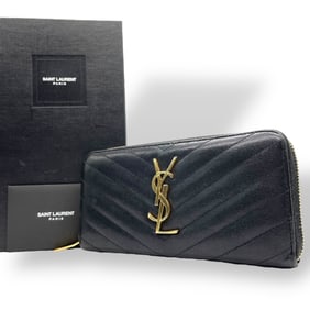 Yves Saint Laurent SAINT LAURENT PARIS Monogram V-Stitch Round Zip Long Wallet in Black Caviar