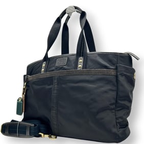 Coach Hamptons Weekend Tote Bag 10102, Nylon and Leather, Black, 2-Way Business Bag, Crossbody Size